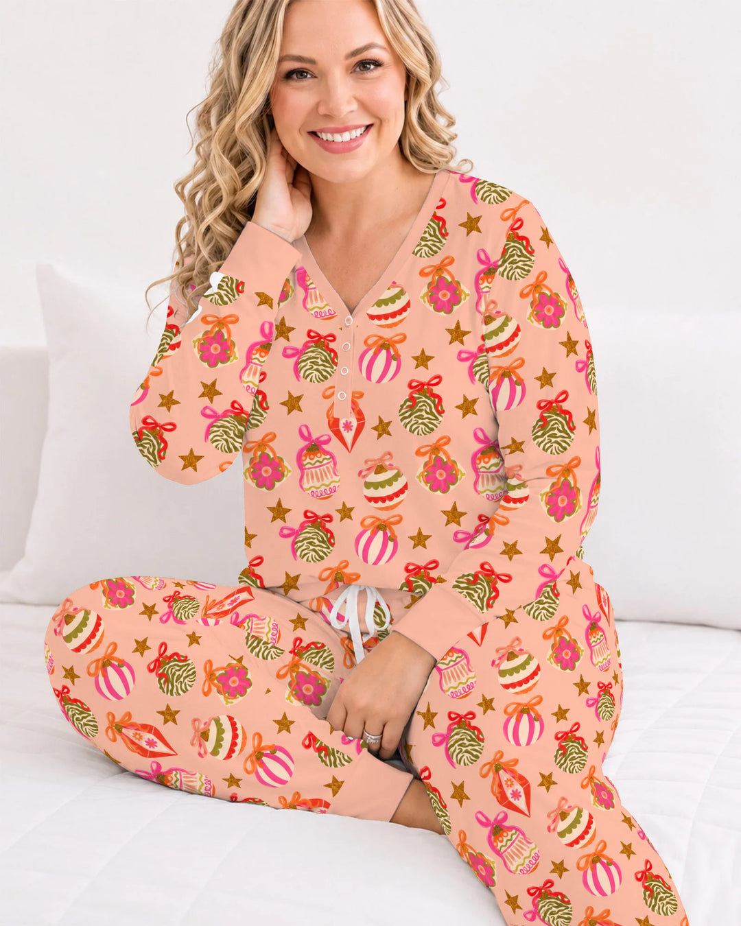 Retro Pink Christmas Ornaments Bamboo Women Pajama Set