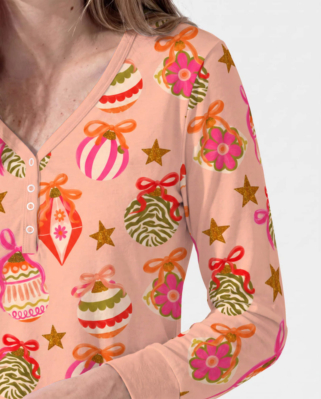 Retro Pink Christmas Ornaments Bamboo Women Pajama Set