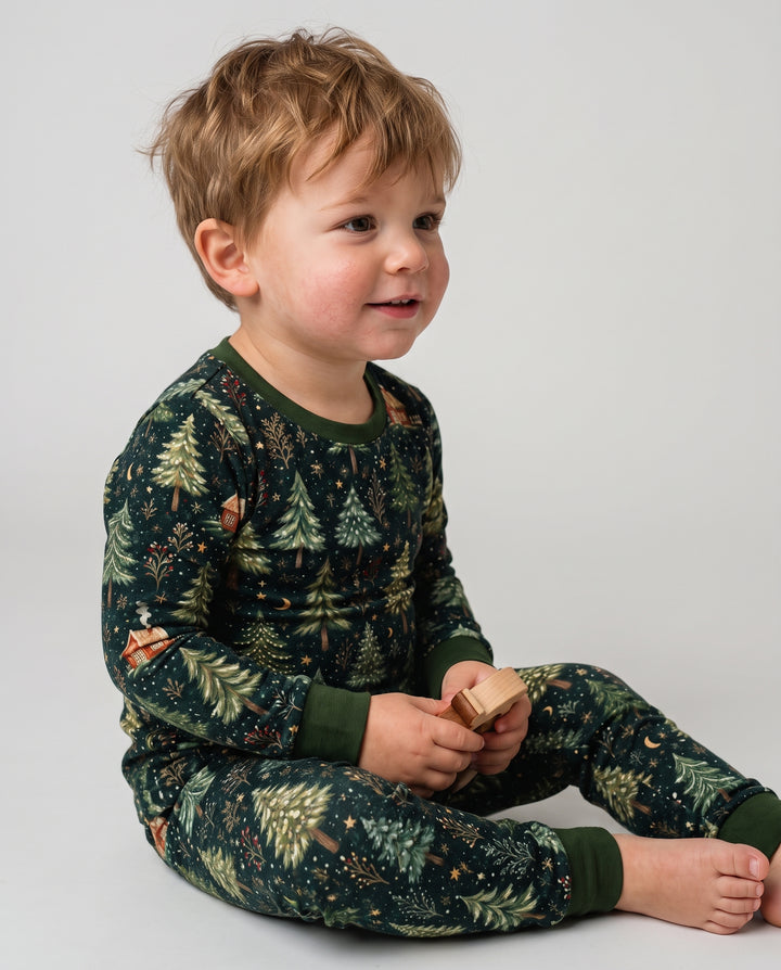 Enchanted Christmas Forest at Night Bamboo Two Piece Long Sleeve Pajama Set