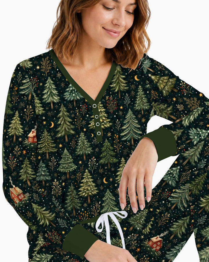 Enchanted Christmas Forest at Night Bamboo Women Pajama Set
