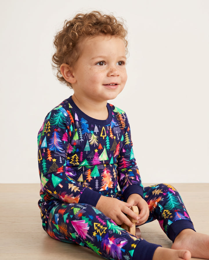 Neon Rainbow Christmas Tree Forest Bamboo Two Piece Long Sleeve Pajama Set