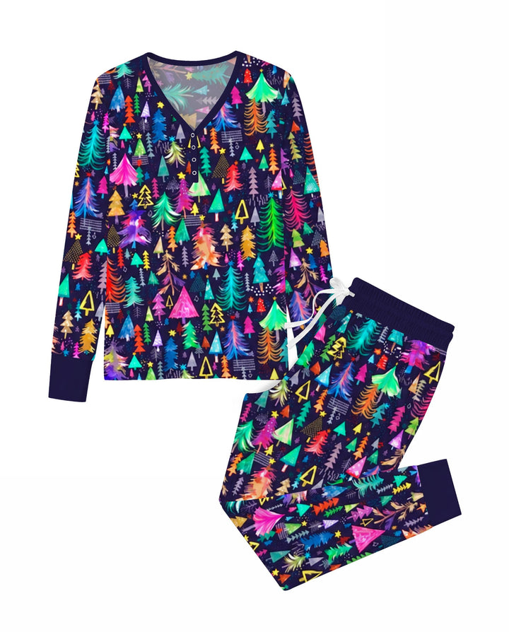 Neon Rainbow Christmas Tree Forest Bamboo Women Pajama Set