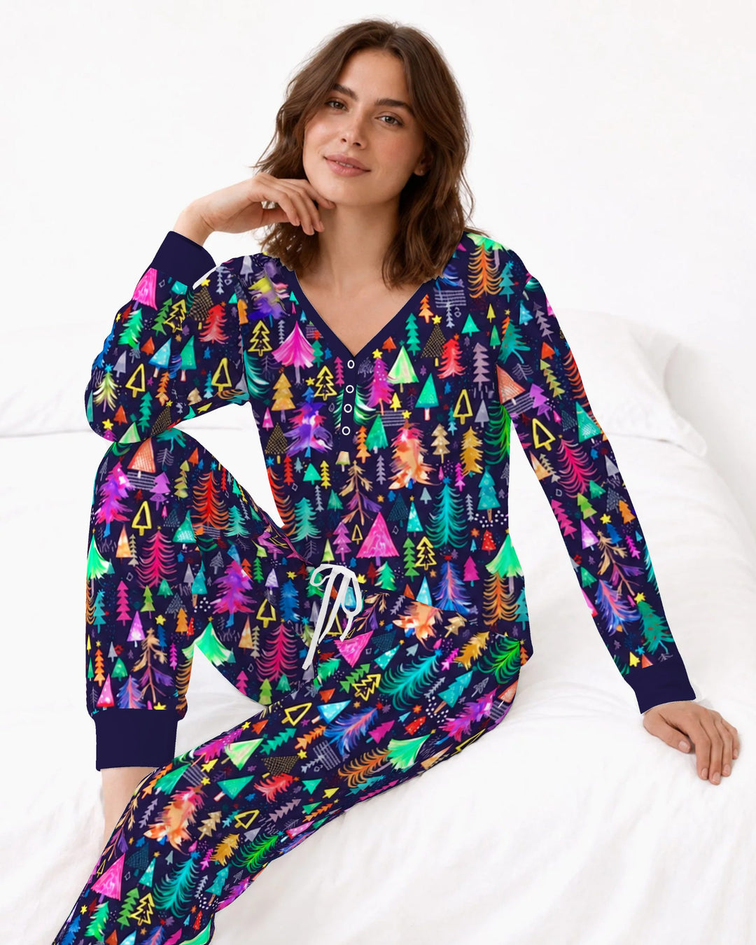 Neon Rainbow Christmas Tree Forest Bamboo Women Pajama Set