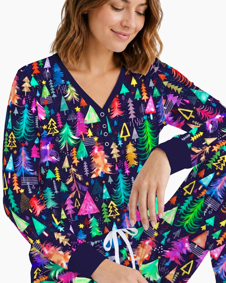 Neon Rainbow Christmas Tree Forest Bamboo Women Pajama Set