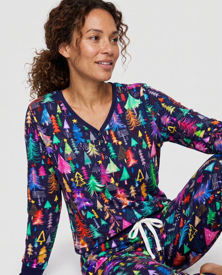 Neon Rainbow Christmas Tree Forest Bamboo Women Pajama Set