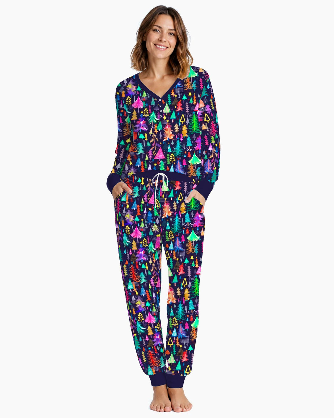 Neon Rainbow Christmas Tree Forest Bamboo Women Pajama Set