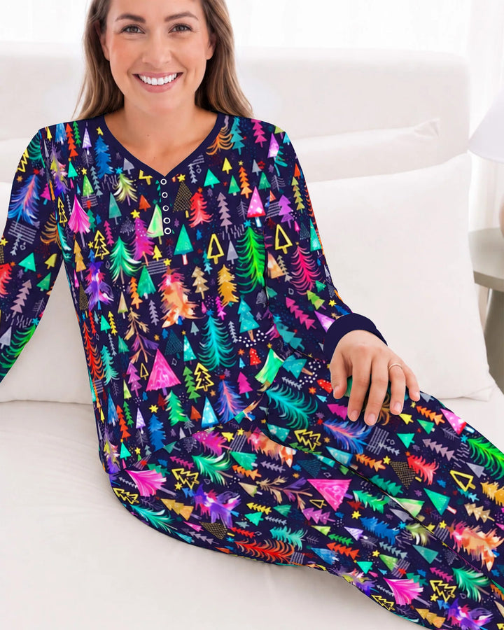 Neon Rainbow Christmas Tree Forest Bamboo Women Pajama Set