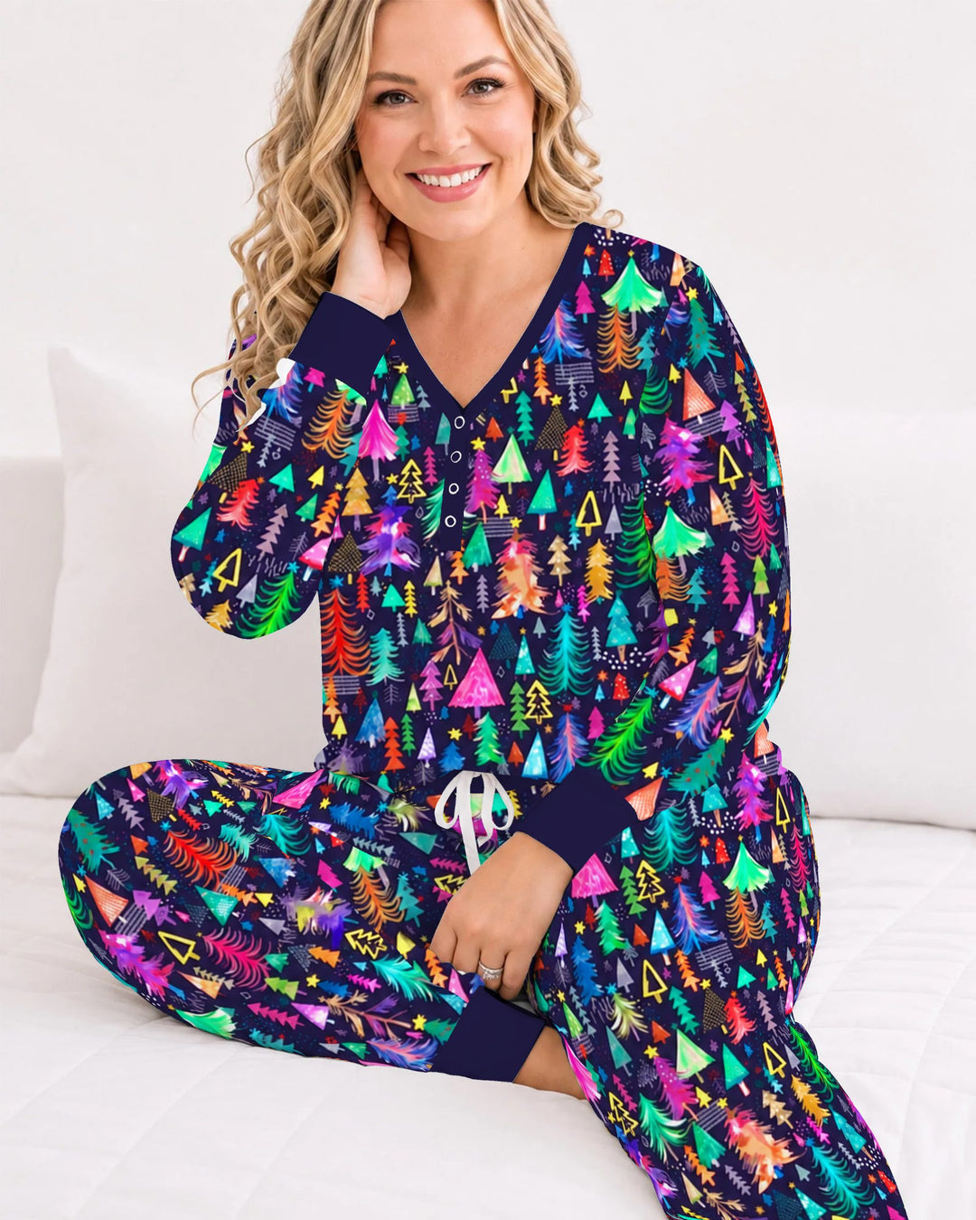 Neon Rainbow Christmas Tree Forest Bamboo Women Pajama Set