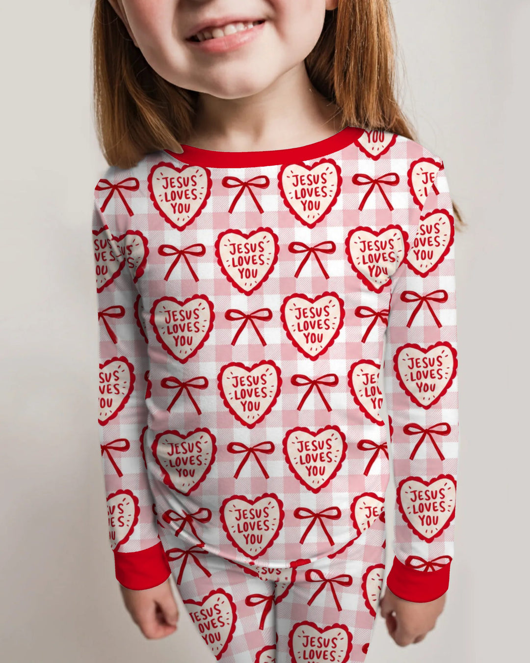 Jesus Loves You Pink Gingham Hearts Bamboo Two Piece Long Sleeve Pajama Set