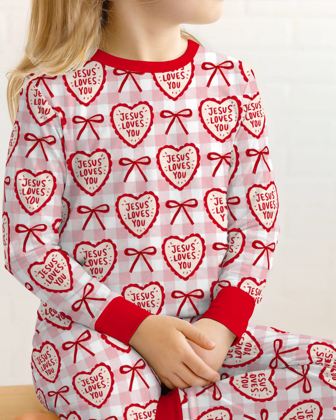 Jesus Loves You Pink Gingham Hearts Bamboo Two Piece Long Sleeve Pajama Set