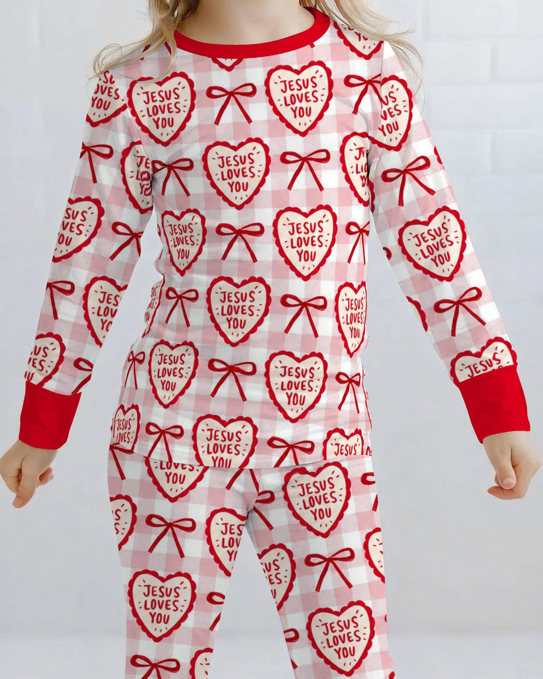 Jesus Loves You Pink Gingham Hearts Bamboo Two Piece Long Sleeve Pajama Set