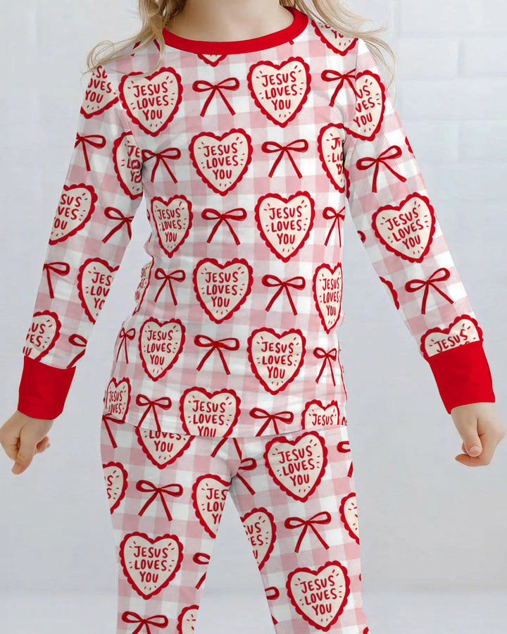 Jesus Loves You Pink Gingham Hearts Bamboo Two Piece Long Sleeve Pajama Set