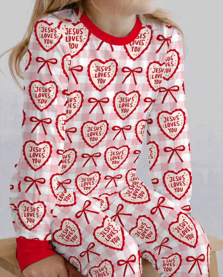 Jesus Loves You Pink Gingham Hearts Bamboo Two Piece Long Sleeve Pajama Set