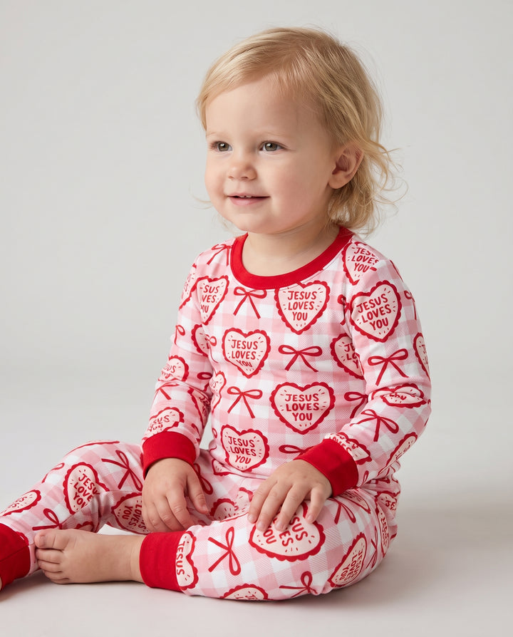 Jesus Loves You Pink Gingham Hearts Bamboo Two Piece Long Sleeve Pajama Set