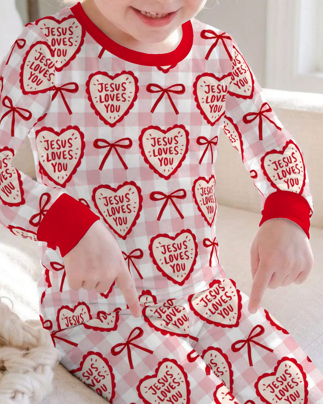 Jesus Loves You Pink Gingham Hearts Bamboo Two Piece Long Sleeve Pajama Set