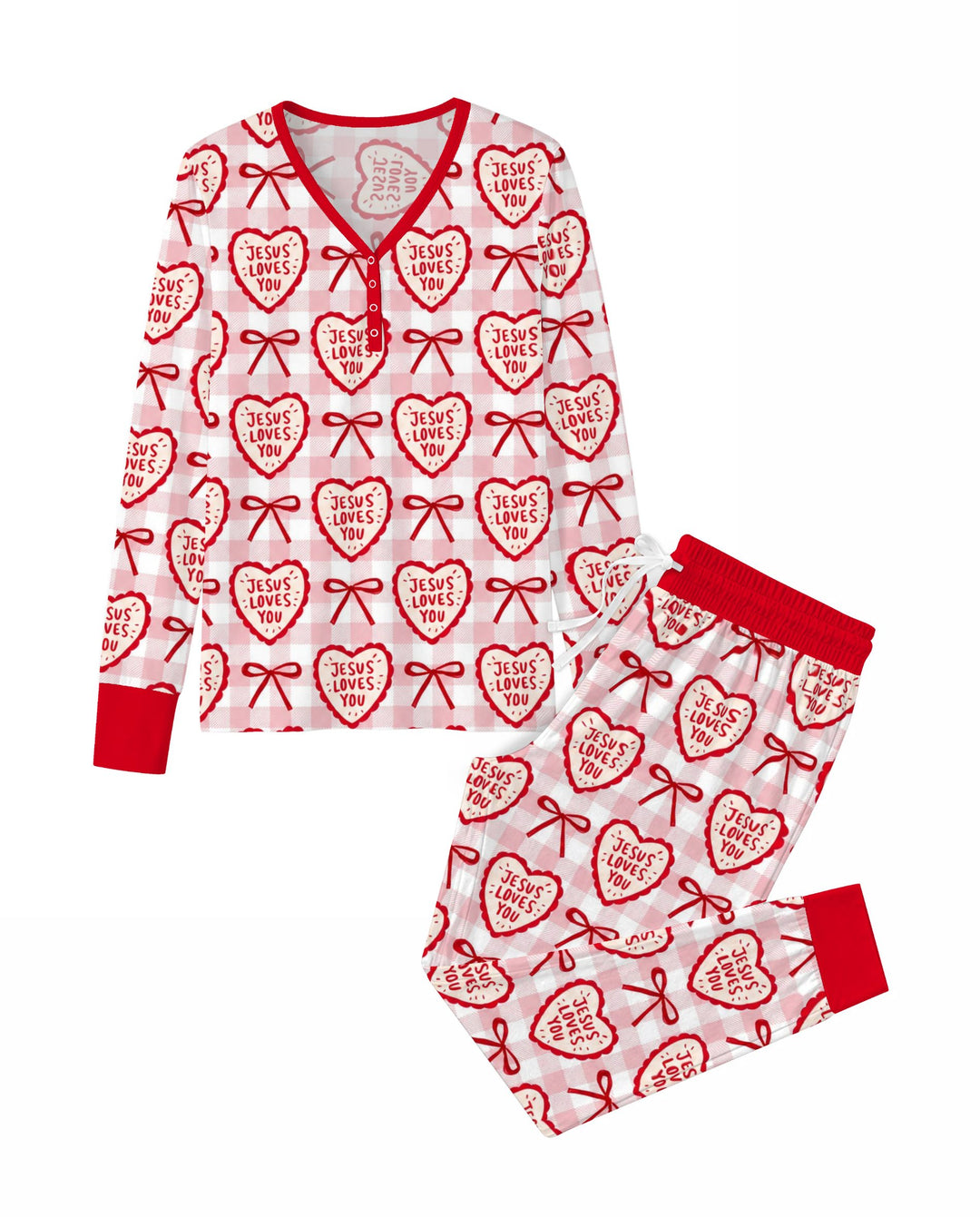 Jesus Loves You Pink Gingham Hearts Bamboo Women Pajama Set