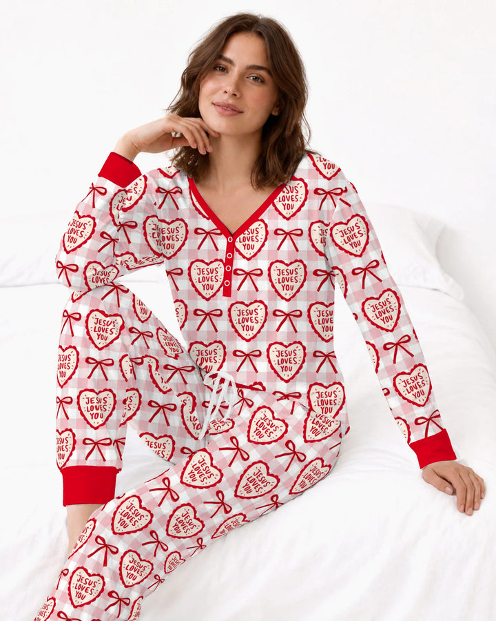 Jesus Loves You Pink Gingham Hearts Bamboo Women Pajama Set