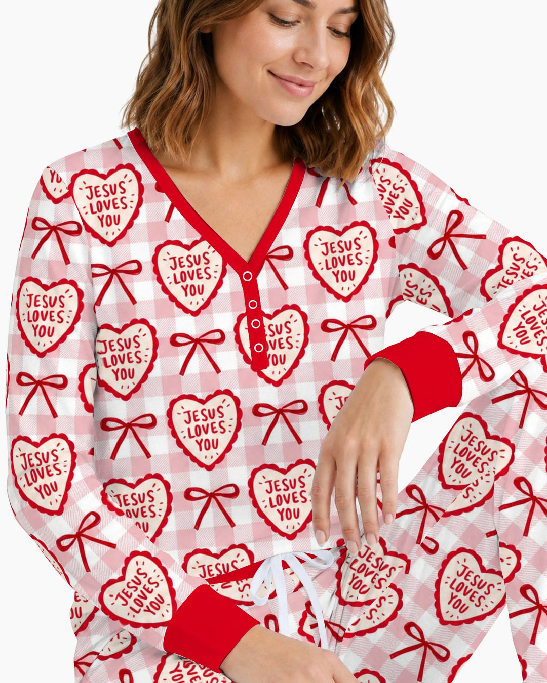 Jesus Loves You Pink Gingham Hearts Bamboo Women Pajama Set
