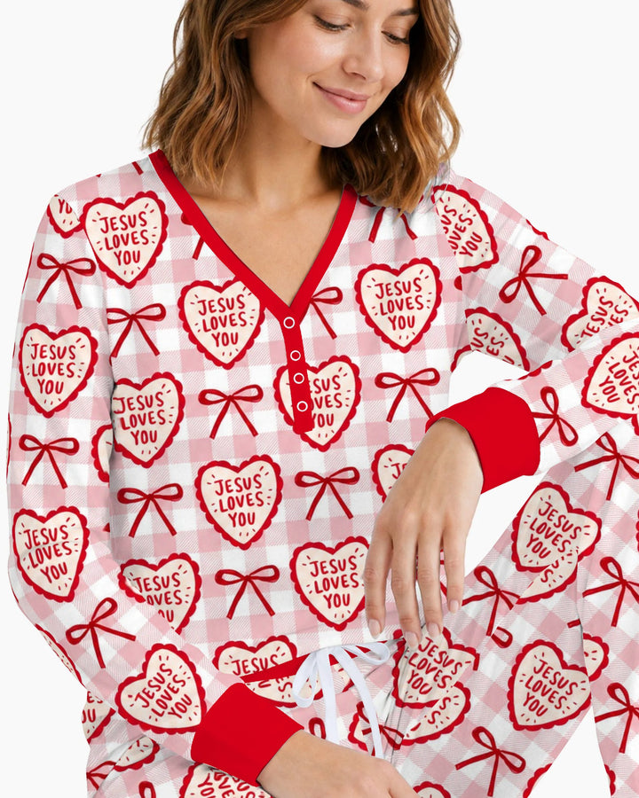Jesus Loves You Pink Gingham Hearts Bamboo Women Pajama Set