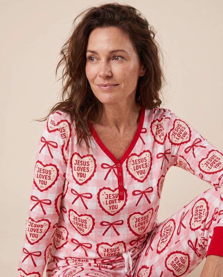 Jesus Loves You Pink Gingham Hearts Bamboo Women Pajama Set