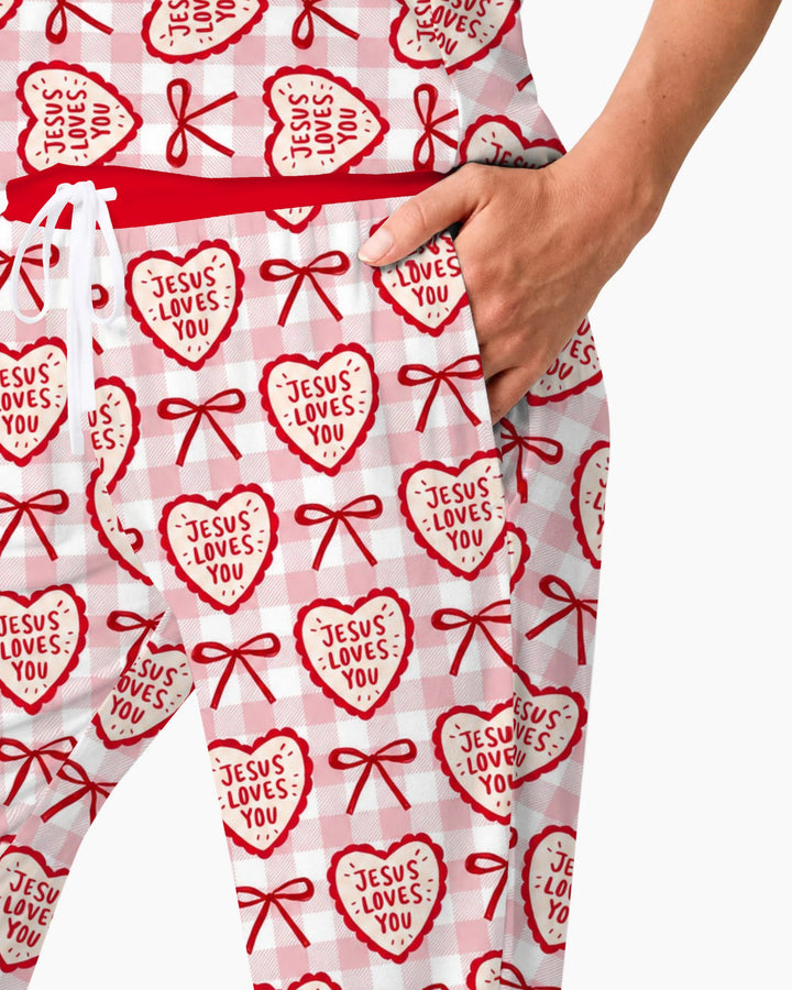 Jesus Loves You Pink Gingham Hearts Bamboo Women Pajama Set