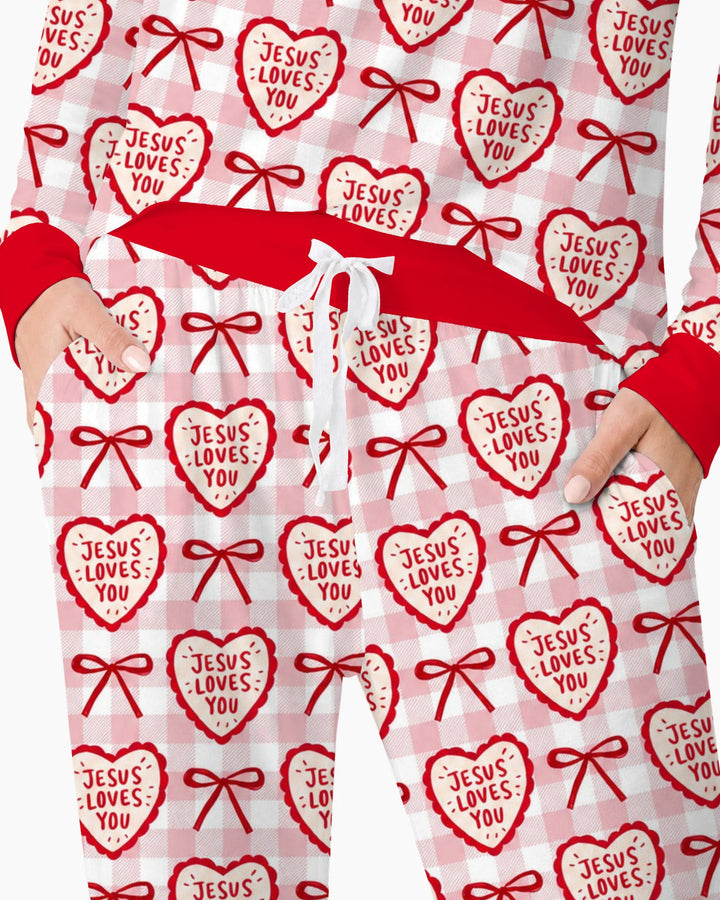 Jesus Loves You Pink Gingham Hearts Bamboo Women Pajama Set