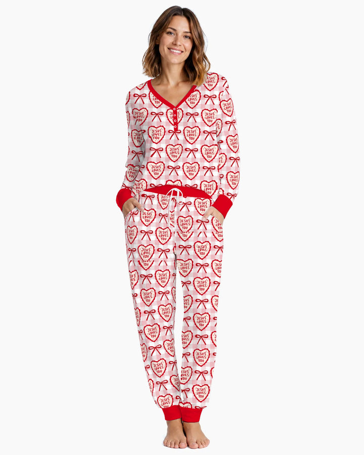 Jesus Loves You Pink Gingham Hearts Bamboo Women Pajama Set