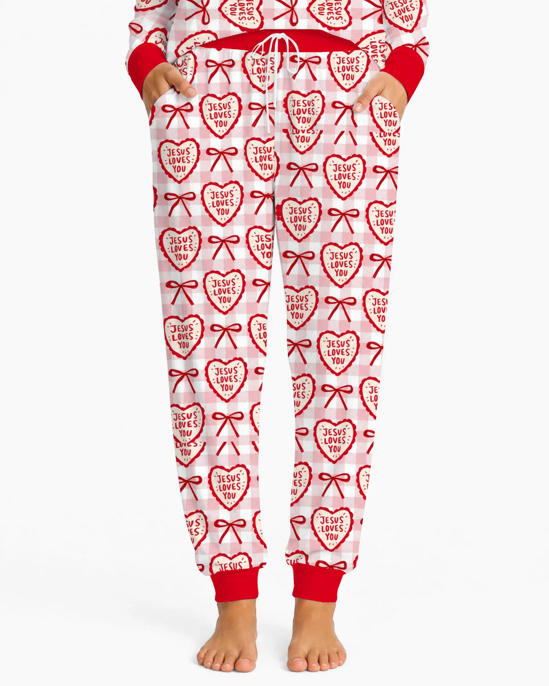 Jesus Loves You Pink Gingham Hearts Bamboo Women Pajama Set