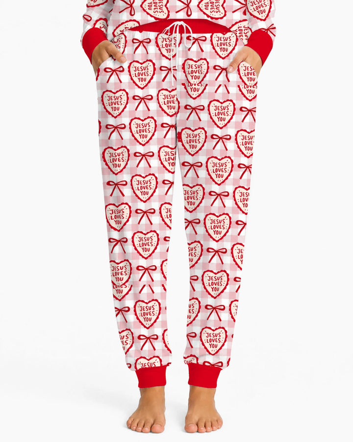 Jesus Loves You Pink Gingham Hearts Bamboo Women Pajama Set