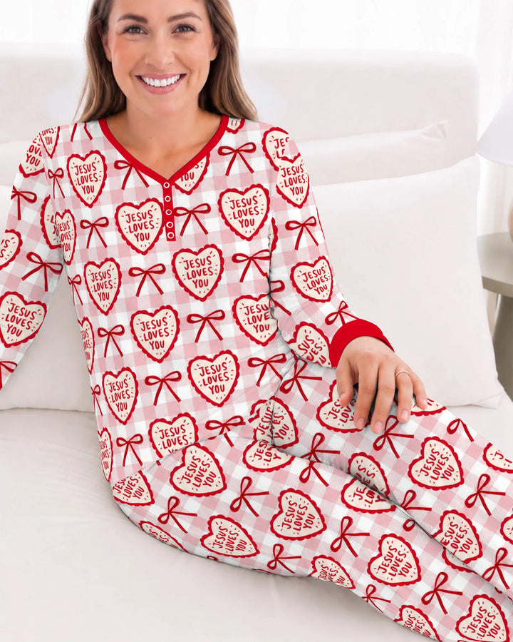 Jesus Loves You Pink Gingham Hearts Bamboo Women Pajama Set