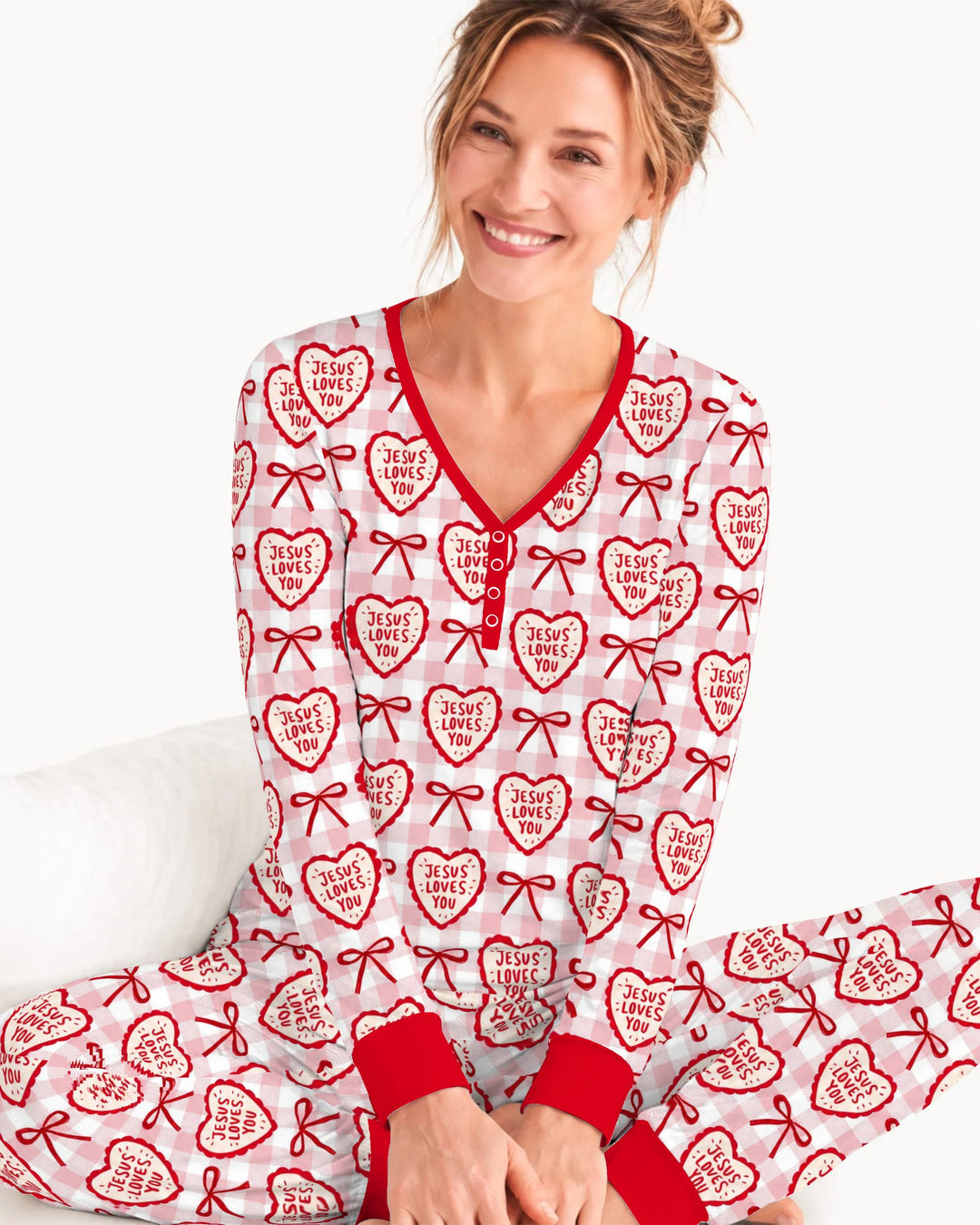 Jesus Loves You Pink Gingham Hearts Bamboo Women Pajama Set