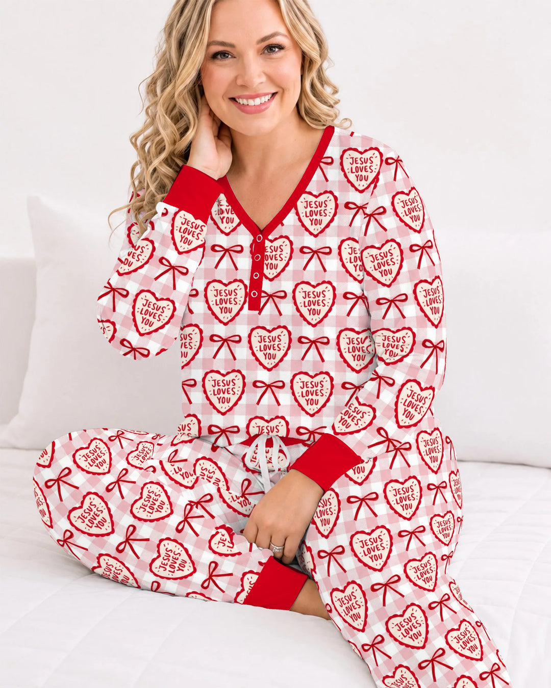 Jesus Loves You Pink Gingham Hearts Bamboo Women Pajama Set