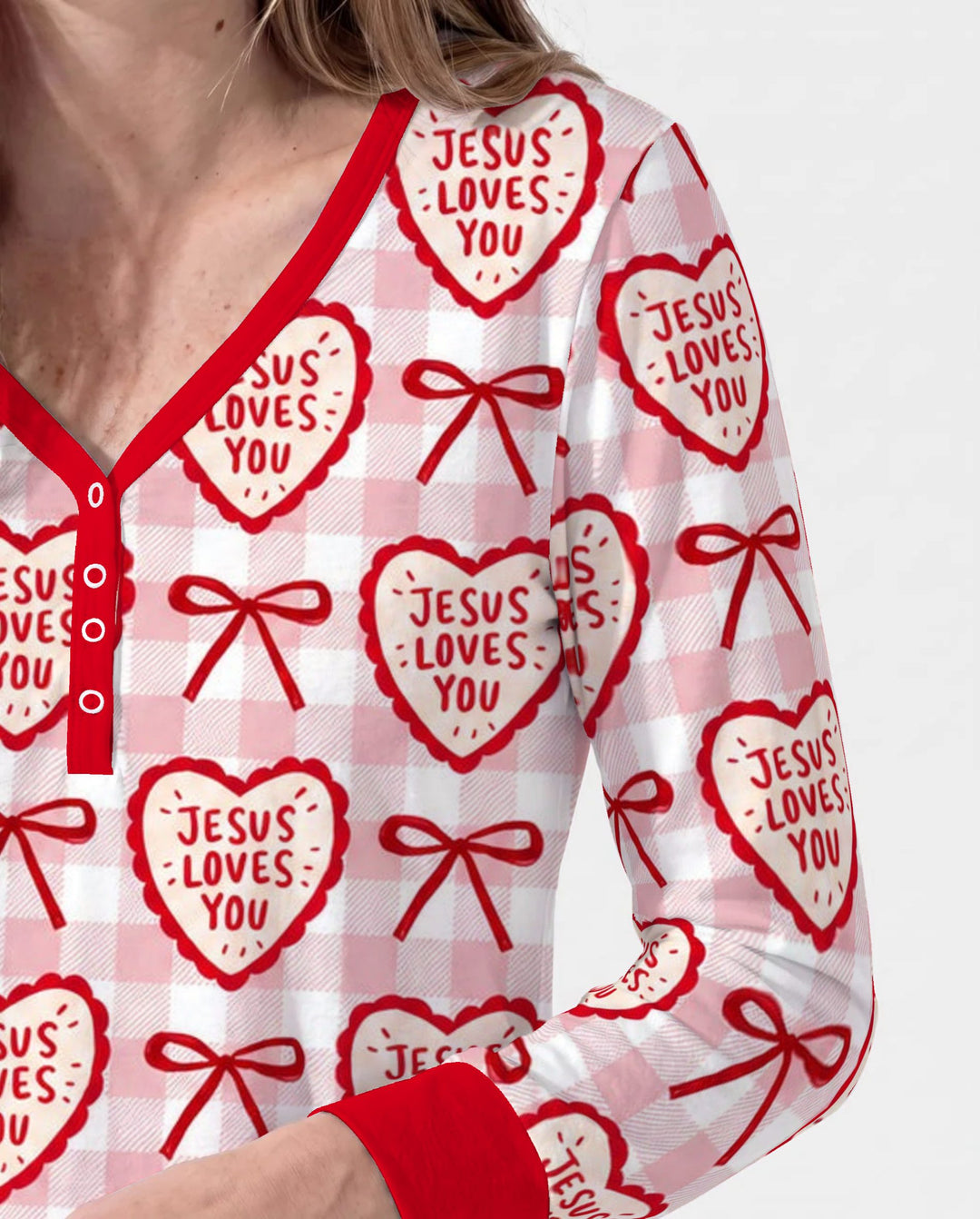 Jesus Loves You Pink Gingham Hearts Bamboo Women Pajama Set