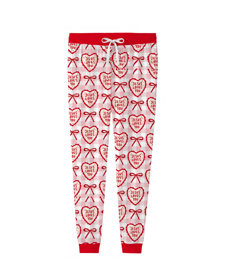 Jesus Loves You Pink Gingham Hearts Bamboo Women Pajama Set