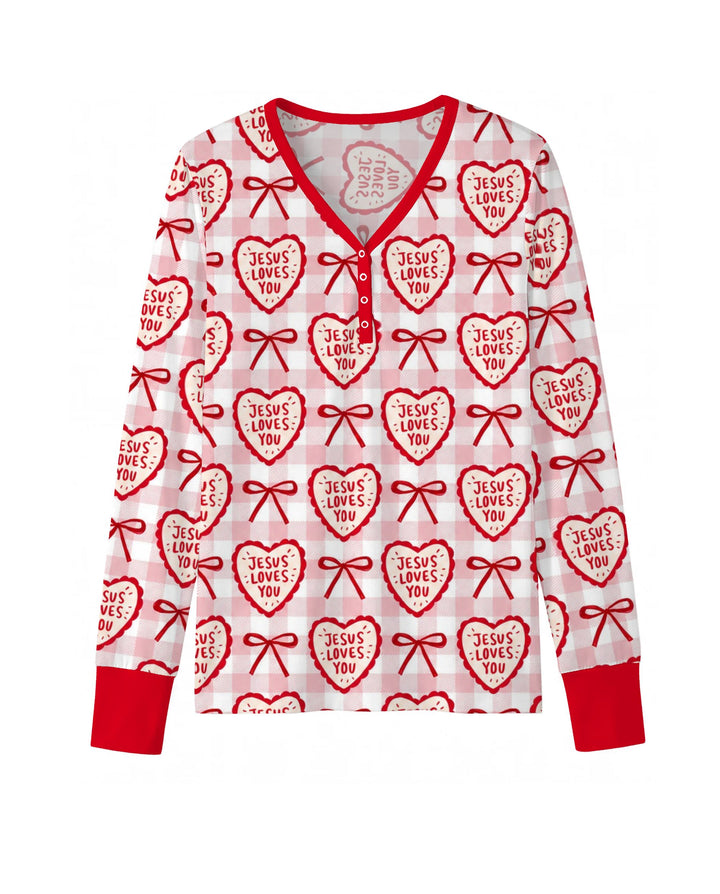 Jesus Loves You Pink Gingham Hearts Bamboo Women Pajama Set