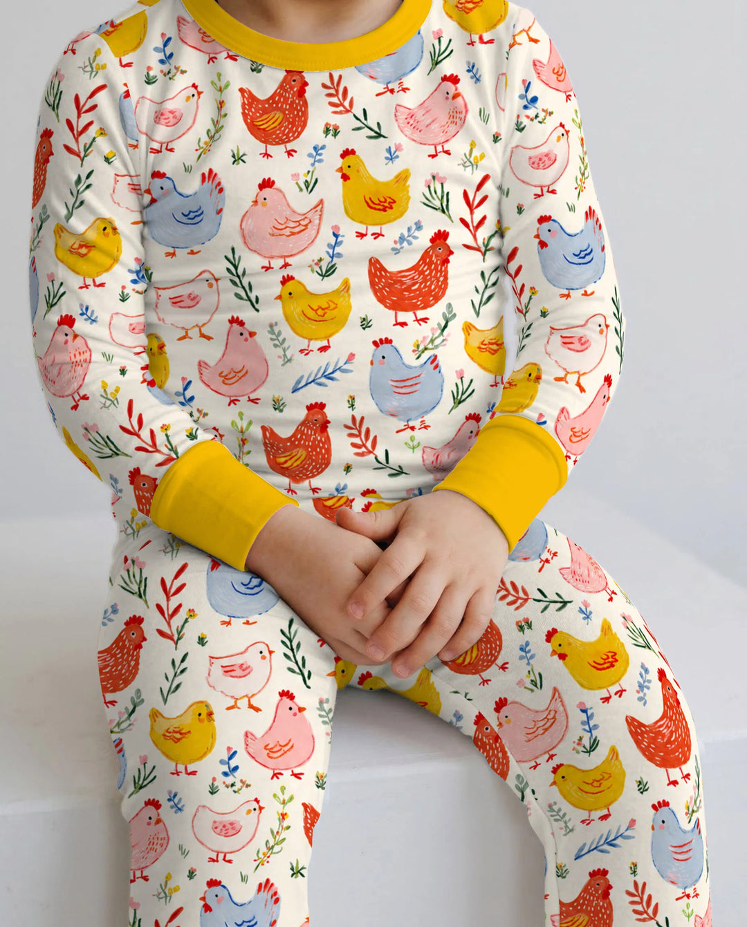 Colorful Farm Chickens and Wildflowers Bamboo Two Piece Long Sleeve Pajama Set
