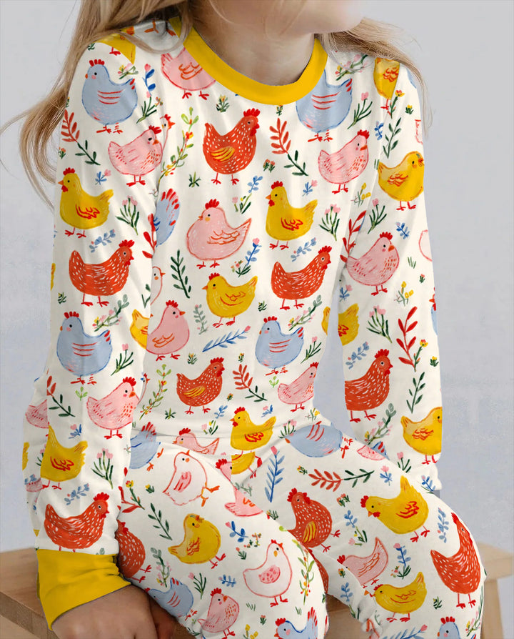 Colorful Farm Chickens and Wildflowers Bamboo Two Piece Long Sleeve Pajama Set