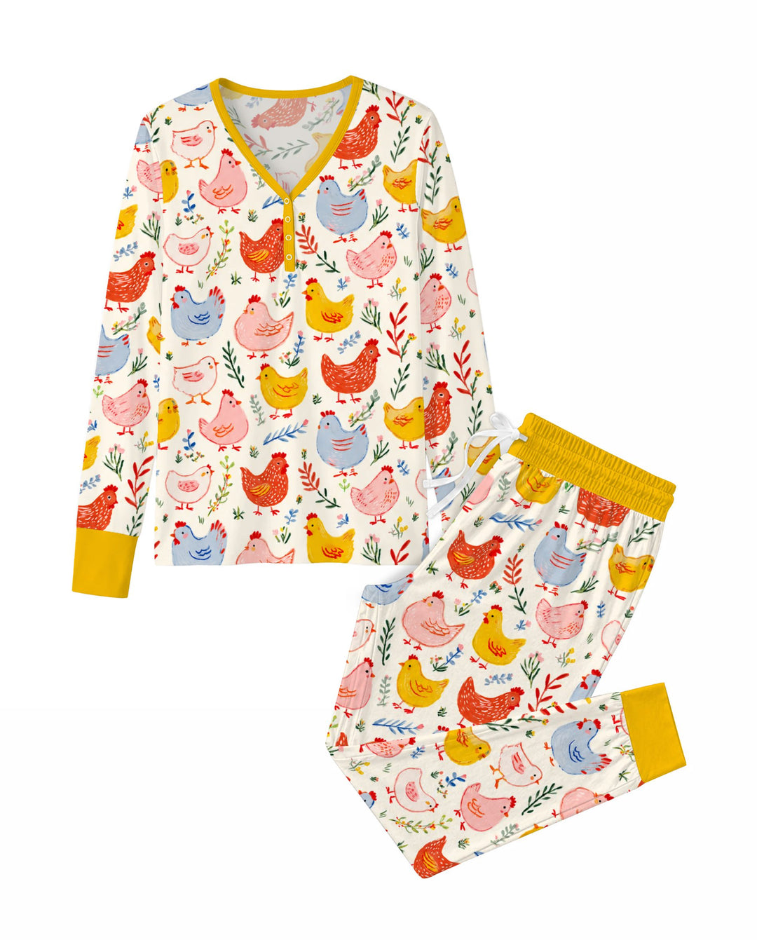 Colorful Farm Chickens and Wildflowers Bamboo Women Pajama Set