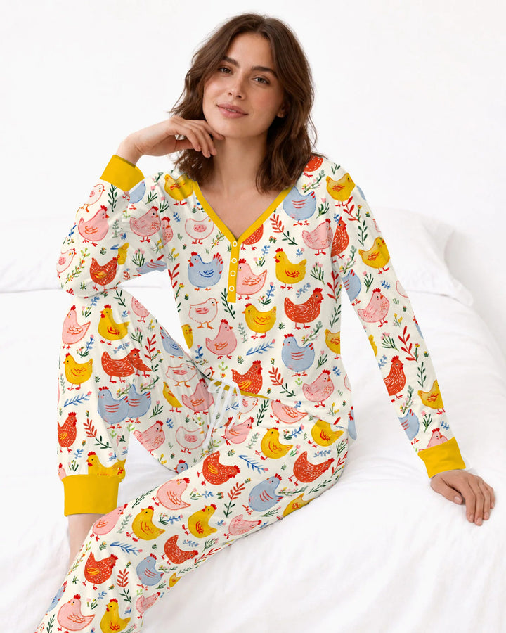Colorful Farm Chickens and Wildflowers Bamboo Women Pajama Set