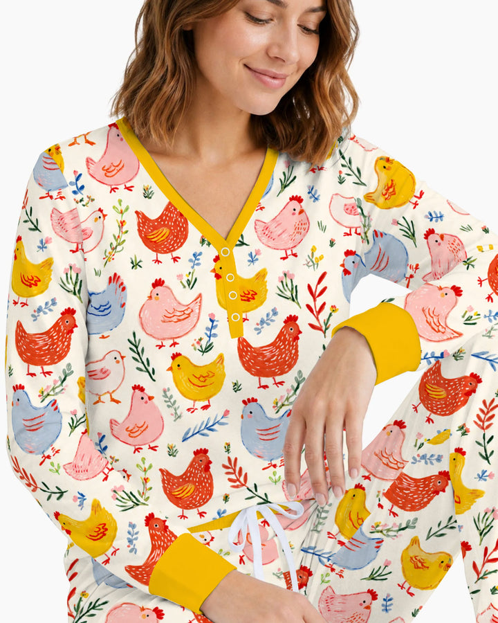 Colorful Farm Chickens and Wildflowers Bamboo Women Pajama Set