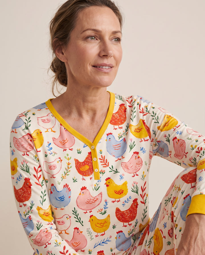 Colorful Farm Chickens and Wildflowers Bamboo Women Pajama Set