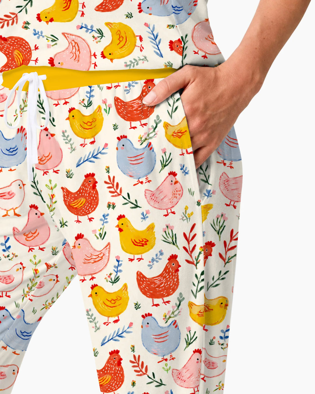Colorful Farm Chickens and Wildflowers Bamboo Women Pajama Set