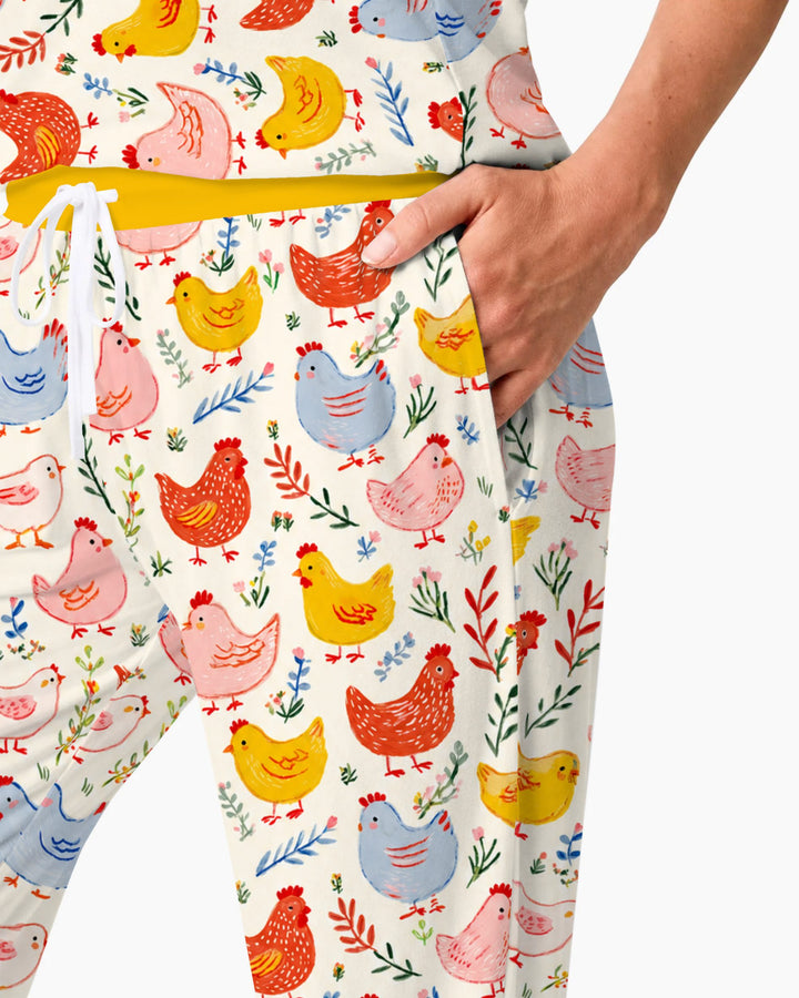 Colorful Farm Chickens and Wildflowers Bamboo Women Pajama Set
