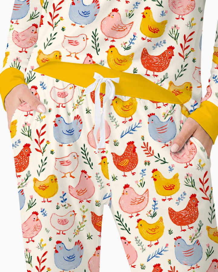 Colorful Farm Chickens and Wildflowers Bamboo Women Pajama Set