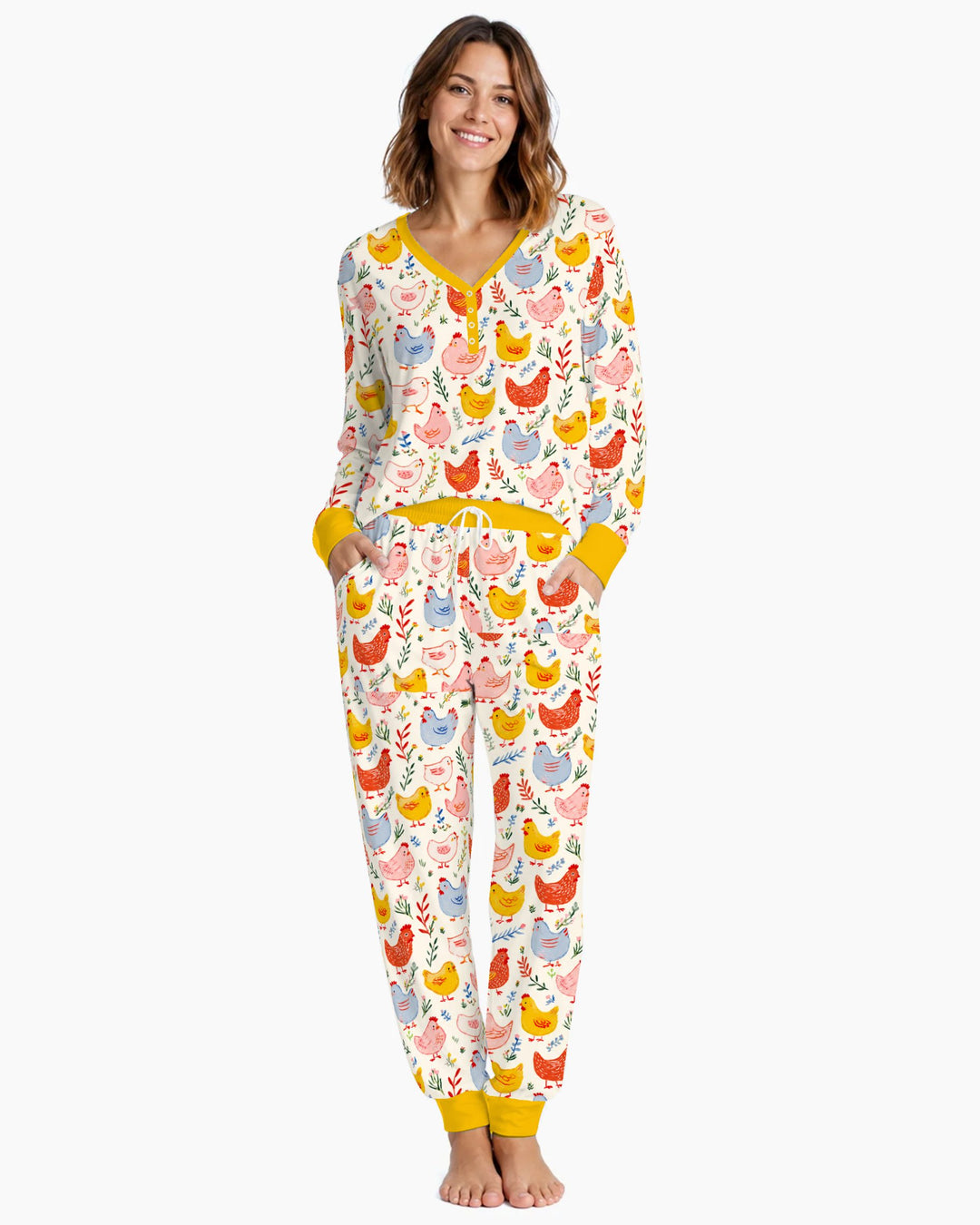 Colorful Farm Chickens and Wildflowers Bamboo Women Pajama Set