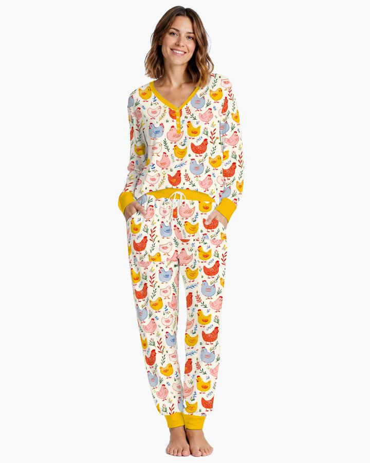 Colorful Farm Chickens and Wildflowers Bamboo Women Pajama Set