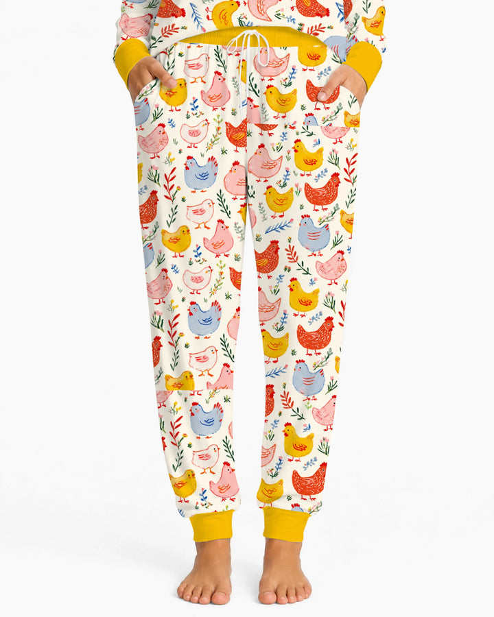 Colorful Farm Chickens and Wildflowers Bamboo Women Pajama Set