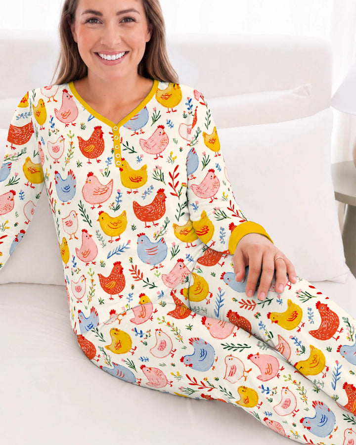 Colorful Farm Chickens and Wildflowers Bamboo Women Pajama Set