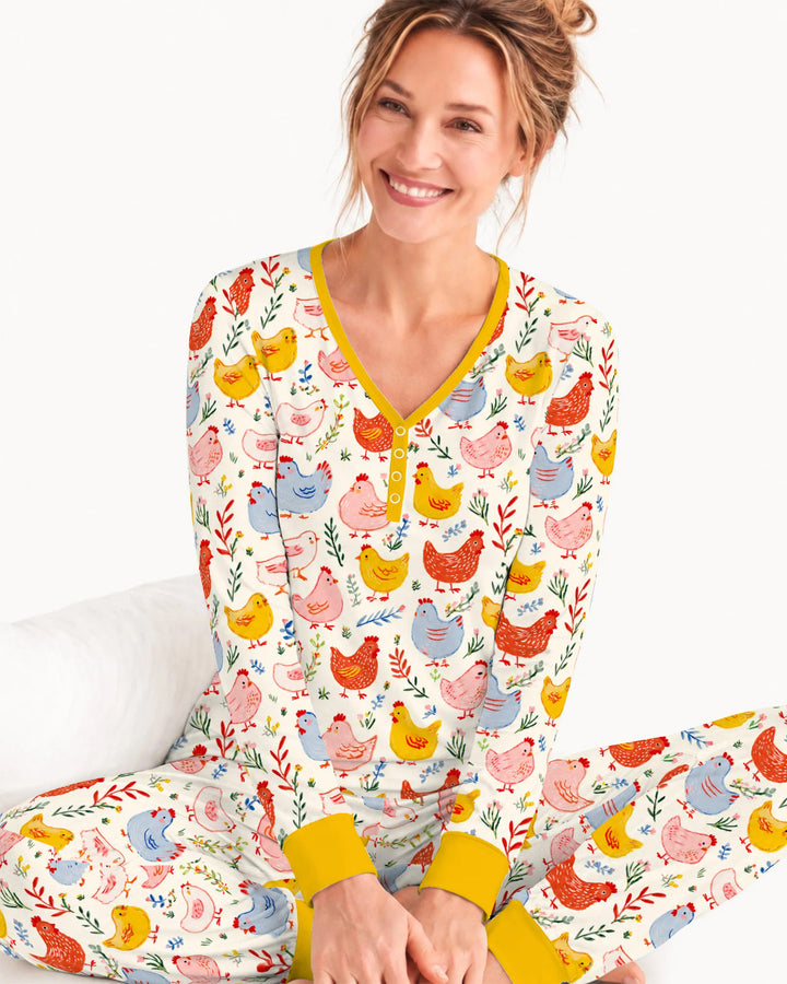 Colorful Farm Chickens and Wildflowers Bamboo Women Pajama Set