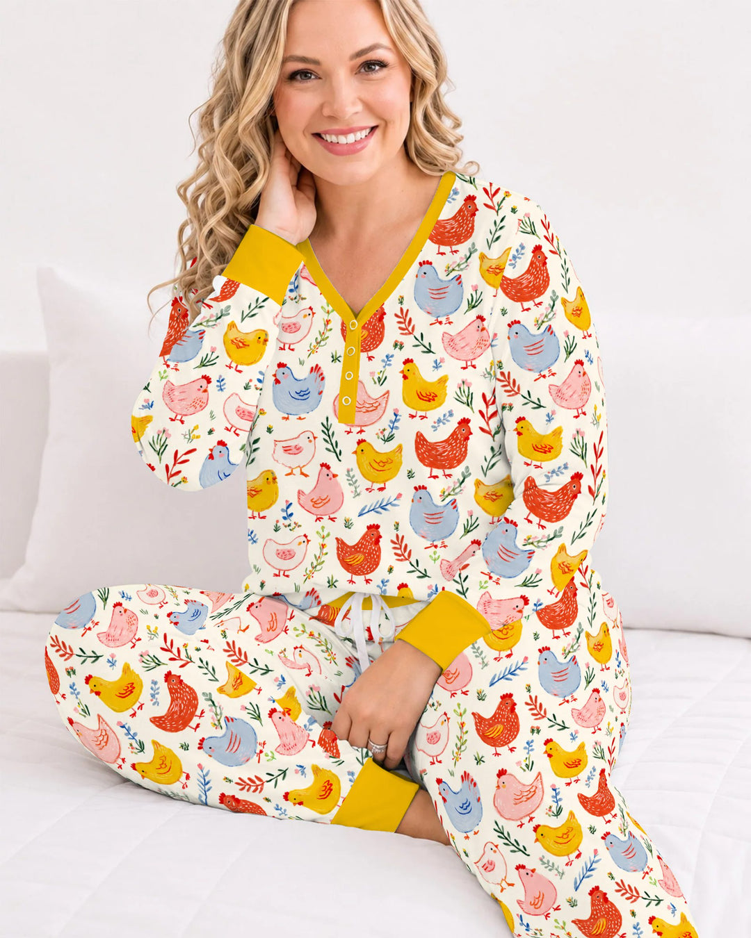 Colorful Farm Chickens and Wildflowers Bamboo Women Pajama Set